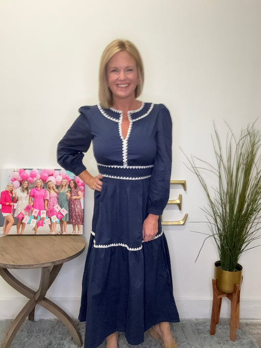 Contrast Ric Rac Trim Smocked Waistband Midi Dress