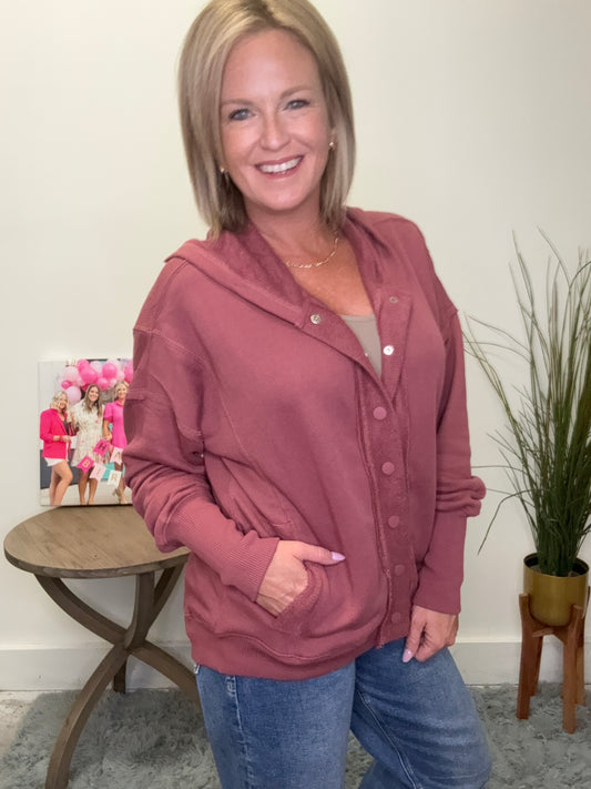 Oversized Snap Front Hoodie Jacket in Marsala Staccato brand raw edge large cuffs boutique fall clothes casual