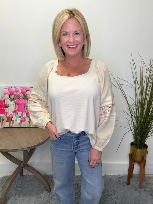  together cream ivory flowy top with lace and ribbon trim detail boat neck shirt blouse