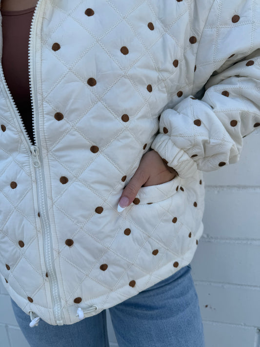 Hyfve double zero jacket coat white brown polka dot embroidered pockets zip front