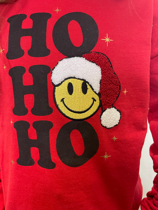 Girls Ho Ho Ho Santa Hat Smiley Face Sweatshirt - Ella Chic Boutique