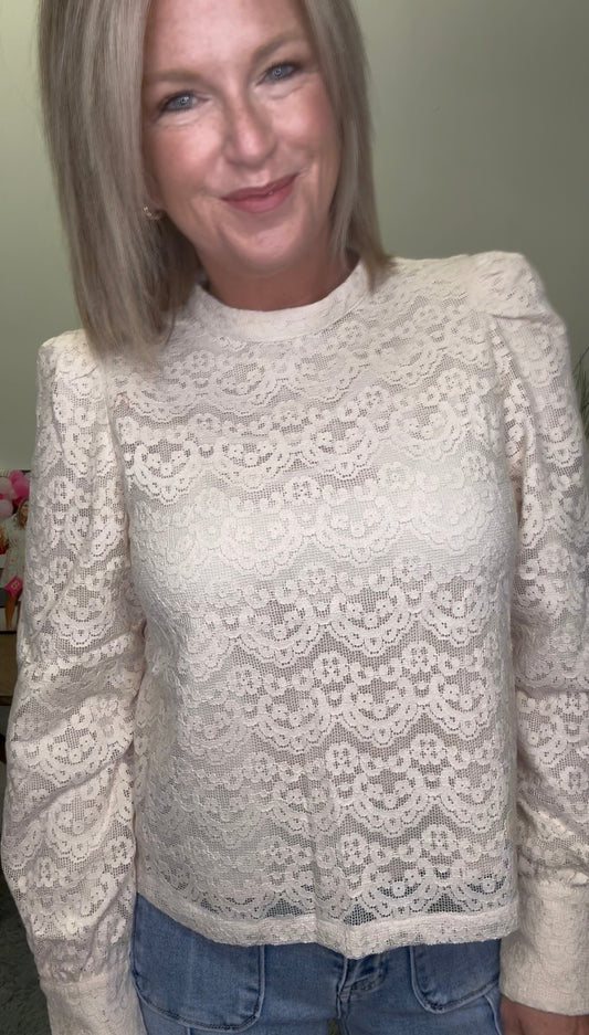 Lace High Neck Puff Sleeve Top