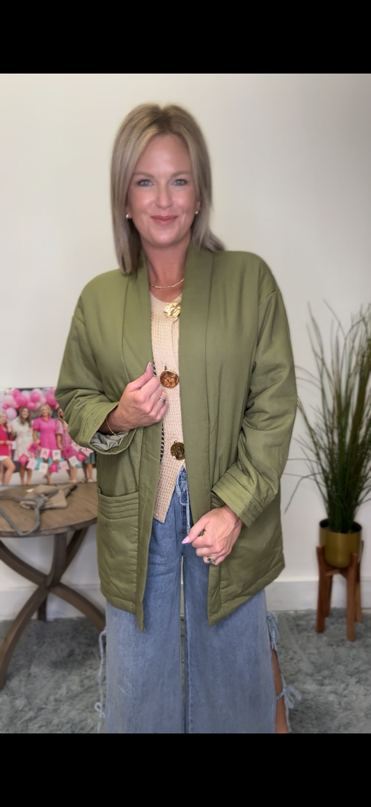 Open Front Longer Olive Jacket - Ella Chic Boutique