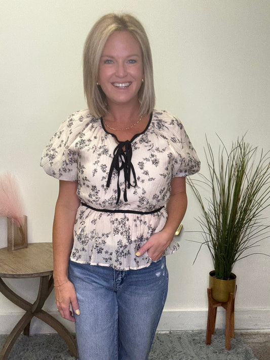 Double Bow Detail Textured Floral Top - Ella Chic Boutique