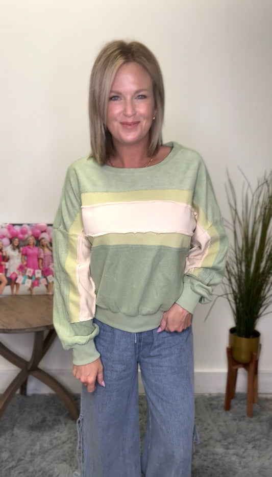 Listicle green cream olive sweatshirt boatneck large stripes raw edge textured fabric top