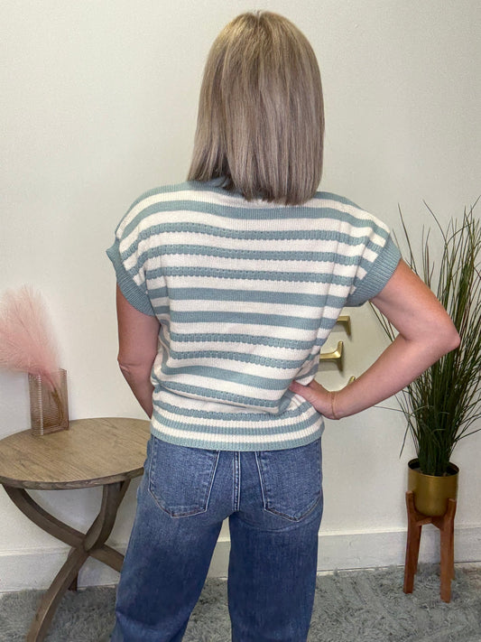 Polagram Baevely Seafoam striped short sleeve knit sweater top