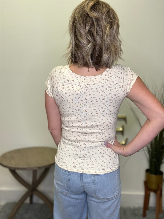 Ditsy Floral Print Rib Knit Top in Ivory - Ella Chic Boutique