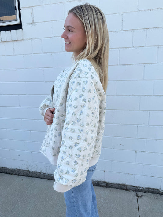 Oversized quilted ditsy floral main strip snap front long sleeve bomber jacket coat cream blue green 