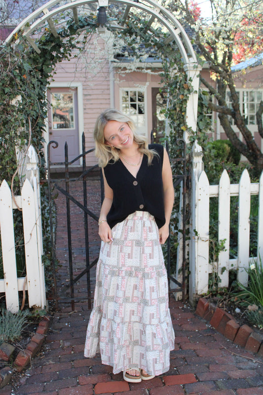 Tiered Boho Patchwork Skirt in Pink