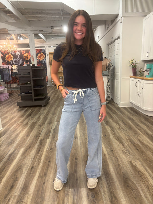 High Rise Pull On Jeans with Tie Elastic Waist