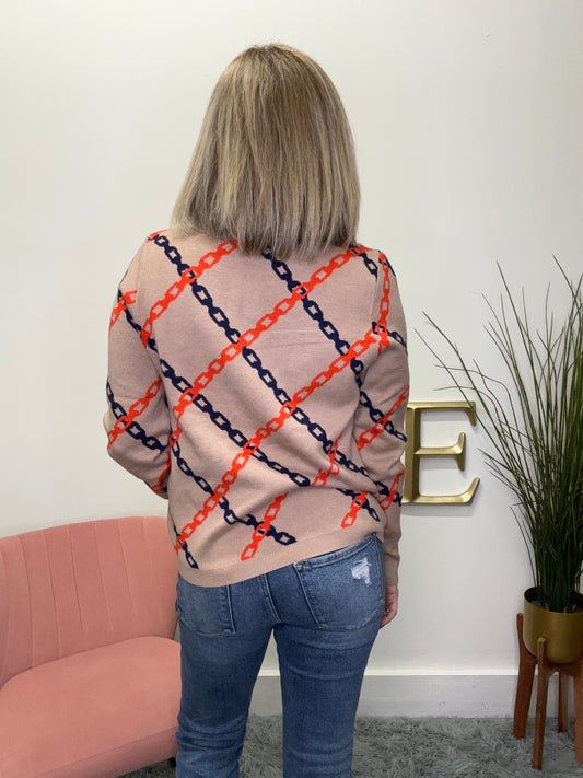 Chain Print Sweater orange navy tan thml soft high quality sale