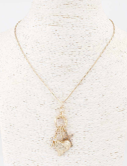 Gold Hammered Heart and Cross Charm Necklace