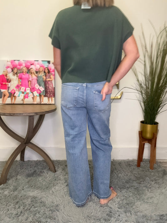 High Rise Tummy Control Cropped Wide Leg Jeans With Bow Waistband Risen Jeans light wash 27 in inseam