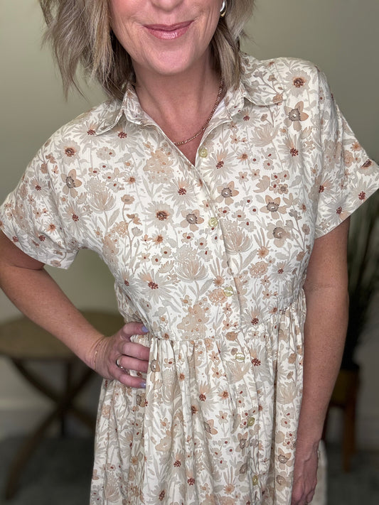 Heidi Dress in Floral Bisque Bloom flowers neutral taupe ivory collar button front mikarose free shipping