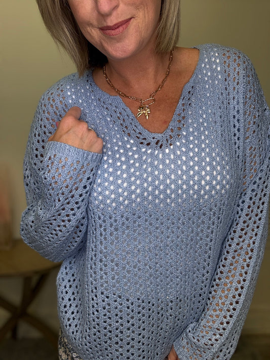 Doe and Rae open knit light blue sweater v-neck long sleeve top boutique Roanoke