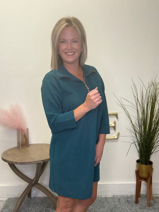 Mary Square Gulf Blue Raven 1/4 Zip Front Dress ribbed teal gold zipper 3/4 sleeves fall
