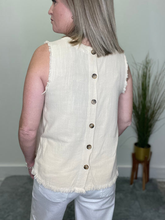 Don’t Miss The Buttons Raw Edge Sleeveless Top