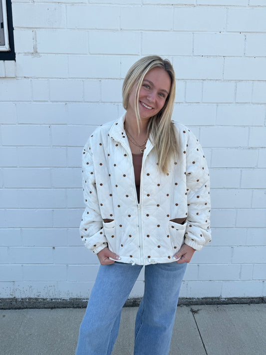 Hyfve double zero jacket coat white brown polka dot embroidered pockets zip front