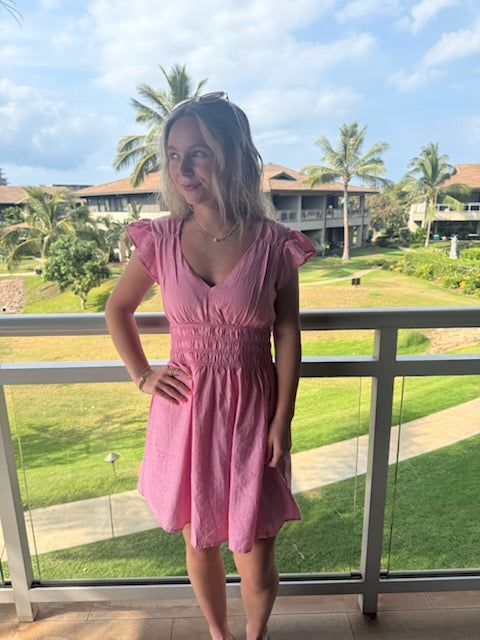 Pink V-Neck Shirred Waist Ruffle Sleeve Mini Dress
