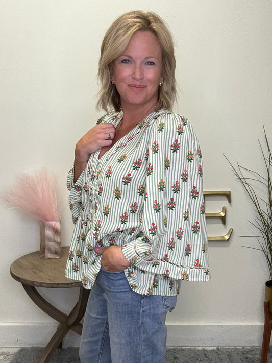 Mary Square Monroe Top shirt blouse Cottage Stripes green and florals v-neck 3/4 sleeves