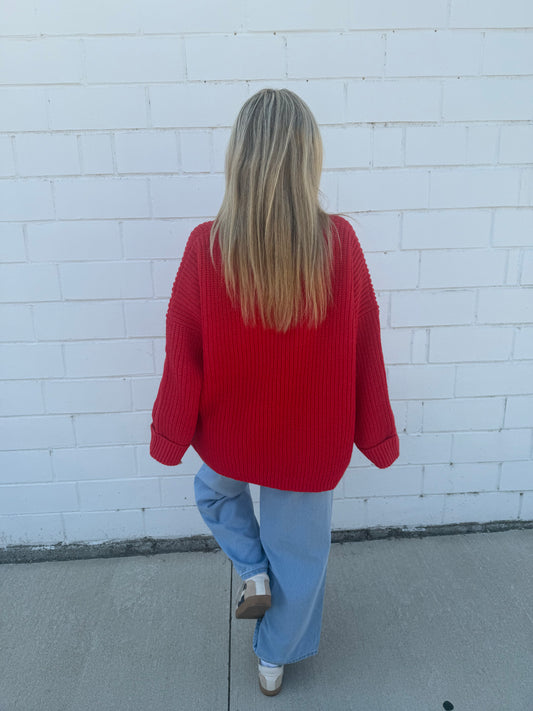 Hyfve double zero red knit oversized sweater cuffs long length chest pocket