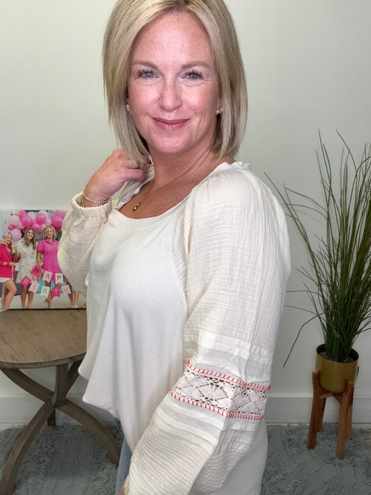  together cream ivory flowy top with lace and ribbon trim detail boat neck shirt blouse