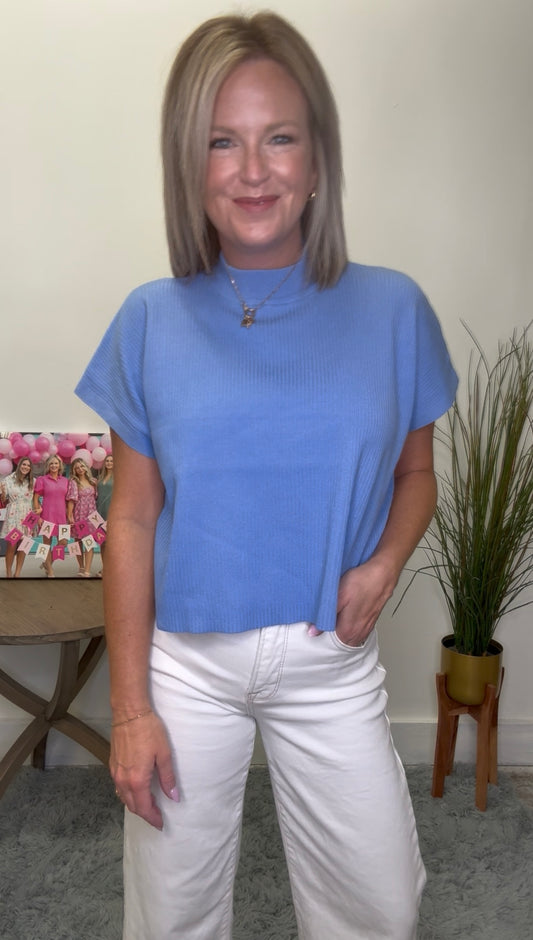 Mock Neck Short Sleeve Ribbed Boxy Sweater - Blue