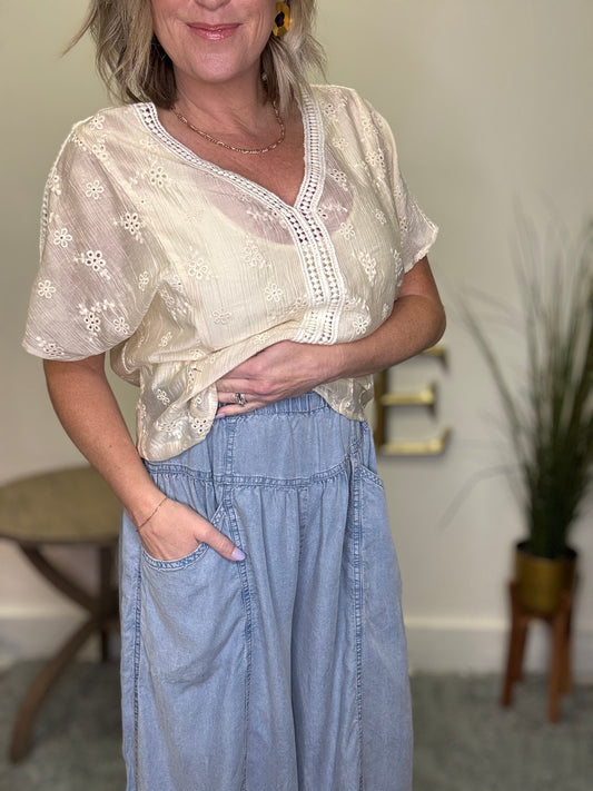 Chambray Paperbag Elastic Waist Wide Leg Pants - Ella Chic Boutique