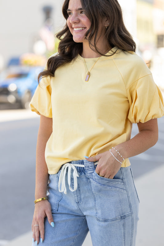 Yellow Pleat Puff Sleeve Top