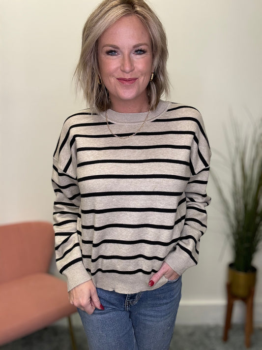 You Bet Striped Knit Sweater In Latte - Ella Chic Boutique