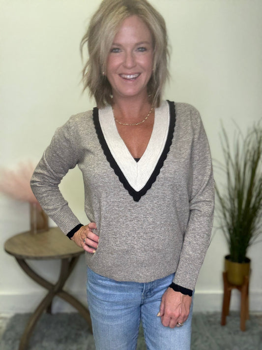 Varsity Contrast V-Neck Sweater - Ella Chic Boutique