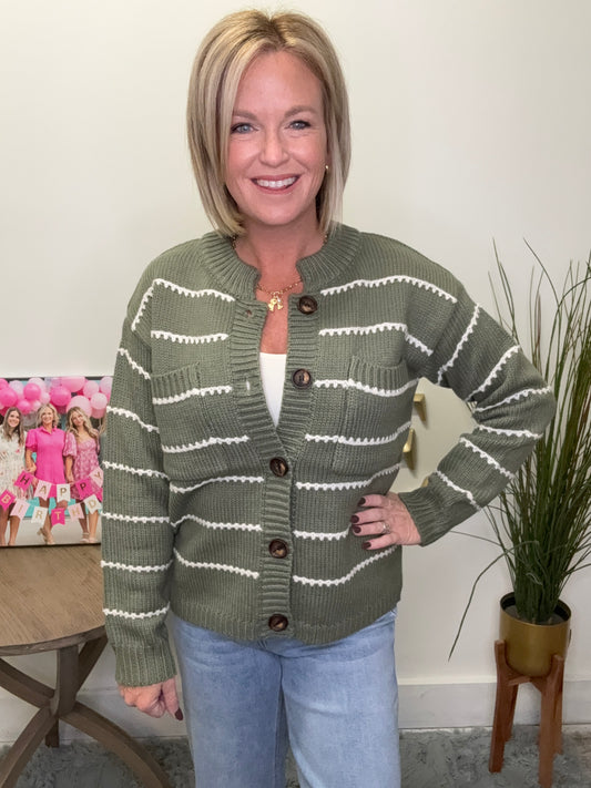 Staccato olive green white scallop button front pockets fall cardigan Roanoke Indiana 