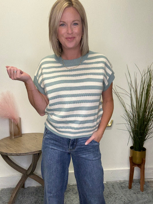 Polagram Baevely Seafoam striped short sleeve knit sweater top