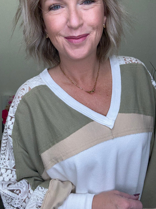 French Lace Colorblock V-Neck Top