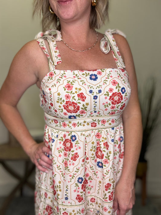 Polagram baevely ivory dress navy red floral print tied shoulder tiered trendy