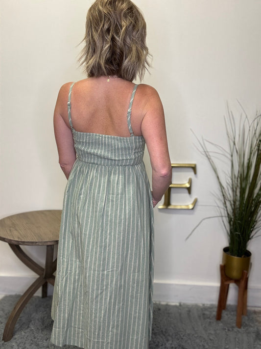 hem and thread sage midi tank dress linen button front pockets boutique pinstripes