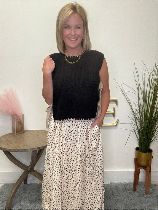Mikarose Maxi Skirt Dapple Dash pockets fully lined full cream black neutrals taupe tan