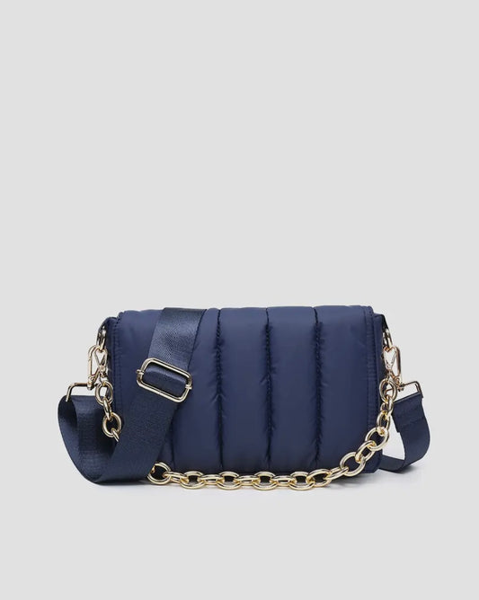 Lala Quilted Gold Chain Quilted Puffer Crossbody Bag in Navy