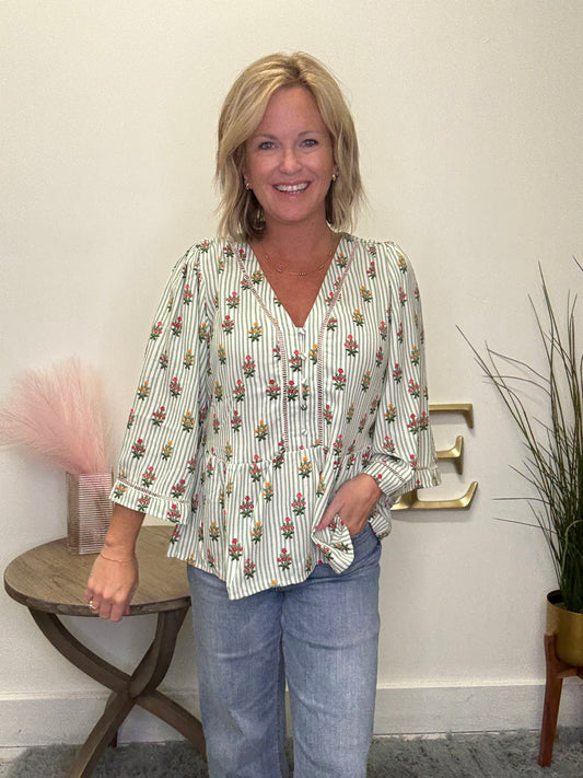 Mary Square Monroe Top shirt blouse Cottage Stripes green and florals v-neck 3/4 sleeves