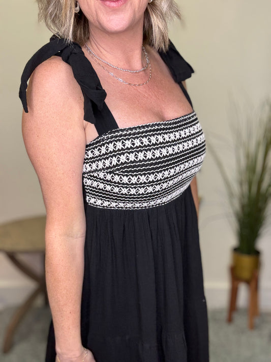 Crochet Bust Shoulder Tie Tiered Midi Dress - Ella Chic Boutique