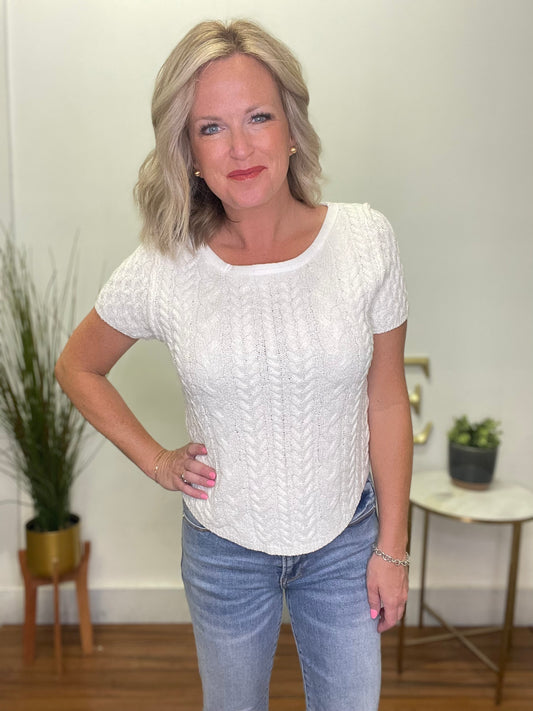 Cable Knit Short Sleeve Sweater Top - Ivory - Ella Chic Boutique