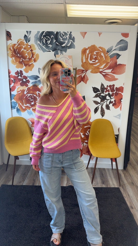 Pink and Yellow Striped V-Neck Sweater