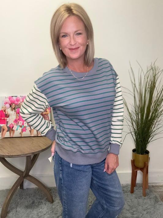 Striped Pullover Sweatshirt Top Staccato Blue green gray cream comfy thin horizontal stripes Ella Chic Boutique