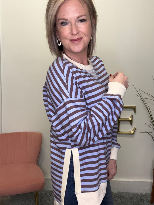 white birch striped pullover sweatshirt top side slit hem