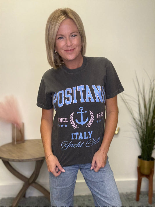 Positano Italy graphic tee shirt yacht club comfort colors t gray charcoal black.light blue pink