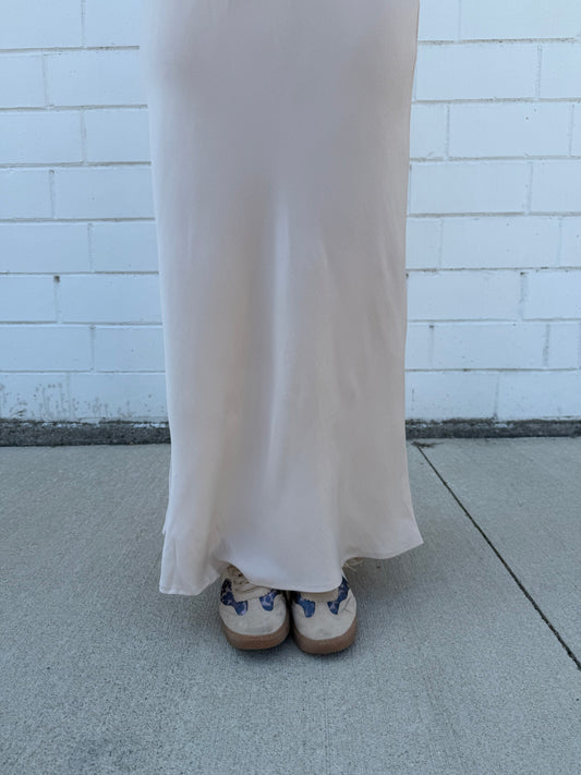 Champagne color satin maxi skirt stretchy waist tiny bow detail long length pull on Hyfve double zero
