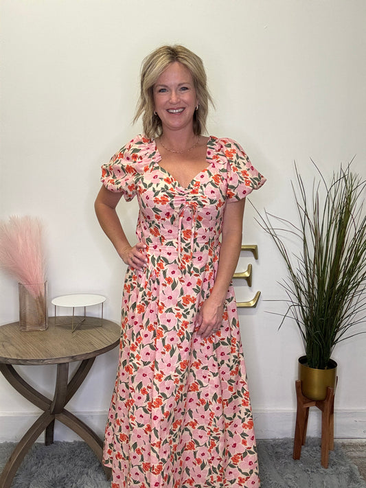 Very j new in floral print blush red maxi dress sweetheart neckline short puff sleeves open back tie