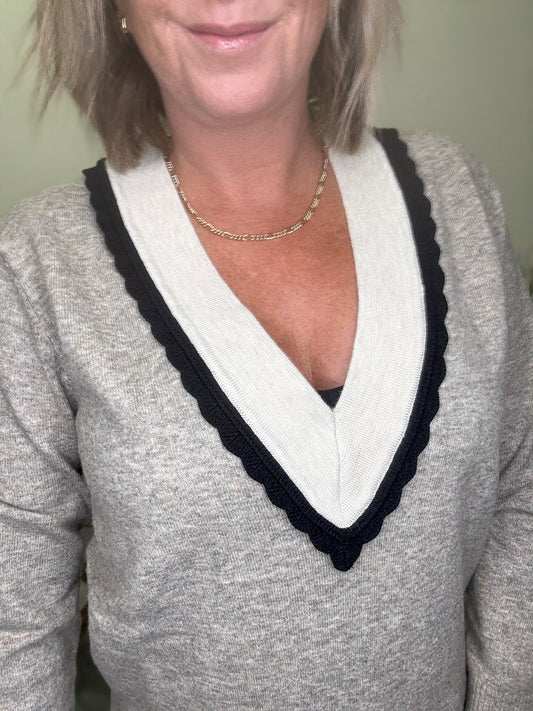 Varsity Contrast V-Neck Sweater - Ella Chic Boutique