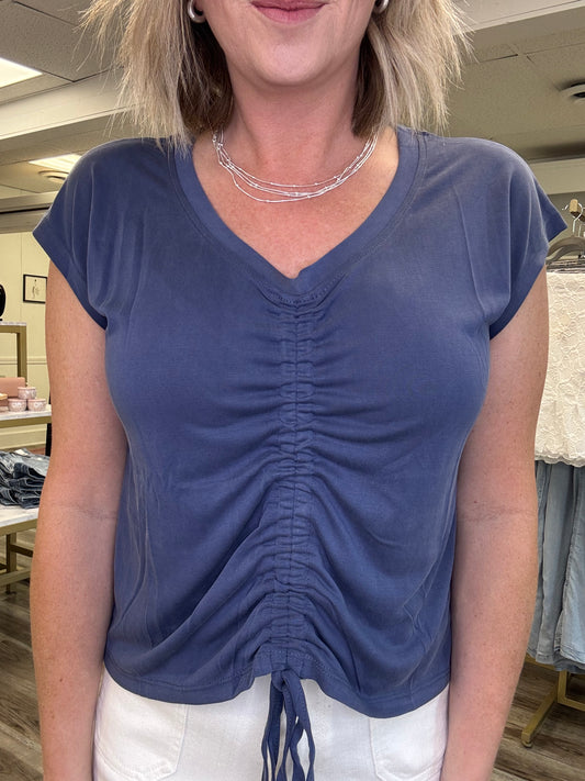 Mystree blue top v-neck adjustable front short sleeve shirt boutique