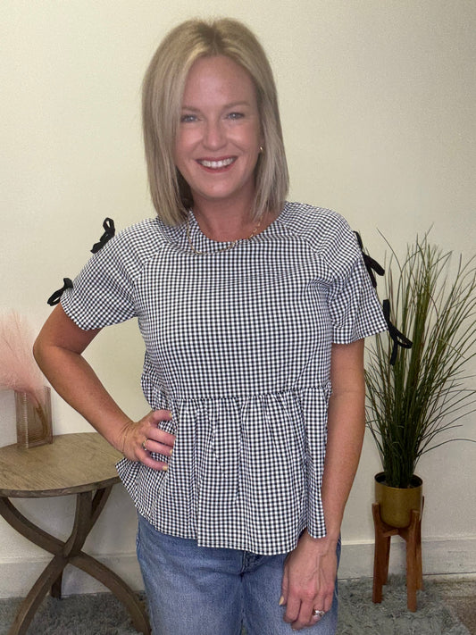 Contrast Ribbon Gingham Babydoll Top - Ella Chic Boutique